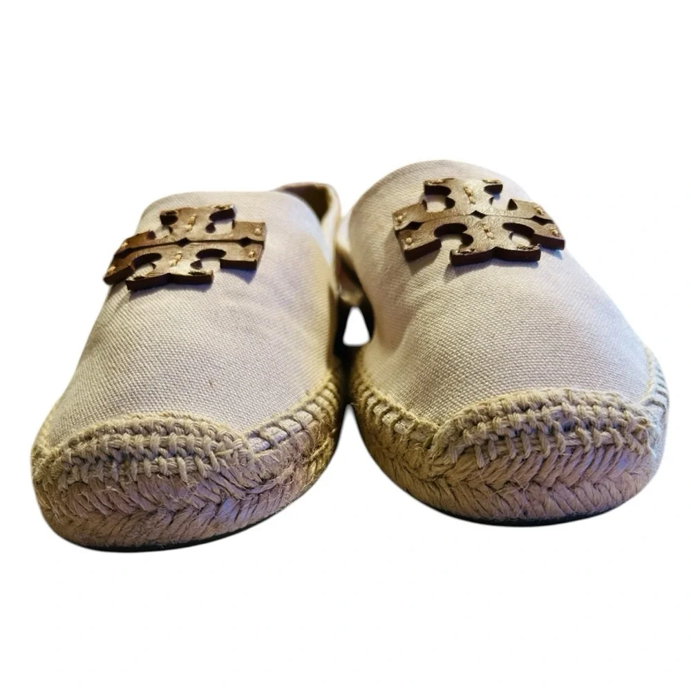 Tory Burch Everly Canvas Espadrilles Double T Logo Jute Sole Comfy Size 8